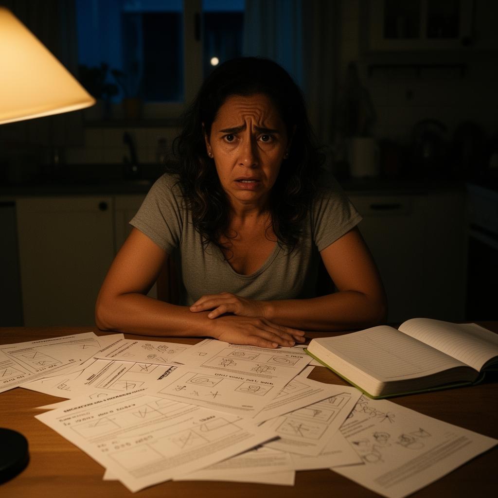 Mãe preocupada tentando organizar a preparação do filho em casa