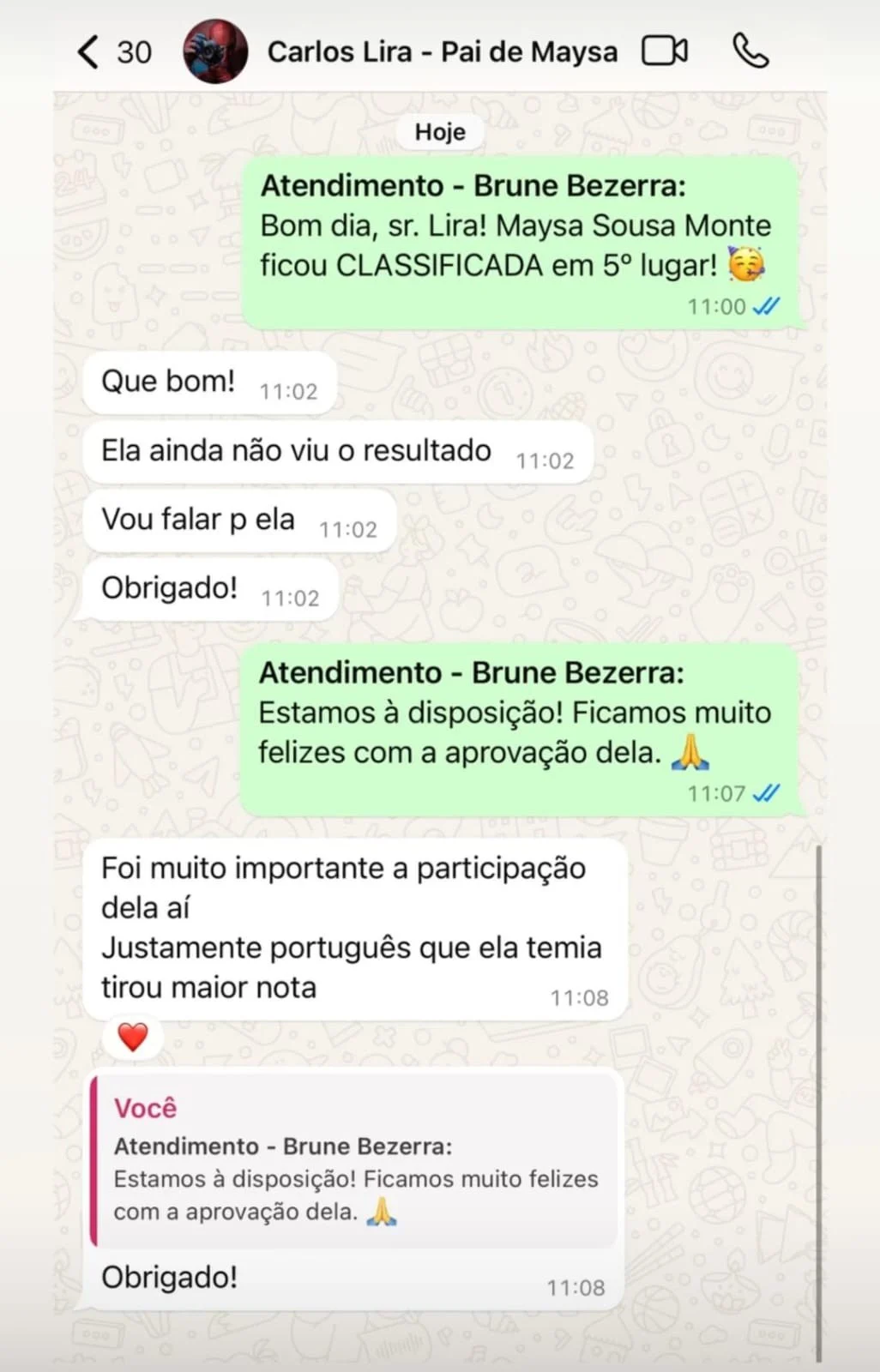 Depoimento do pai da Maysa, classificada em 5º lugar no CPM