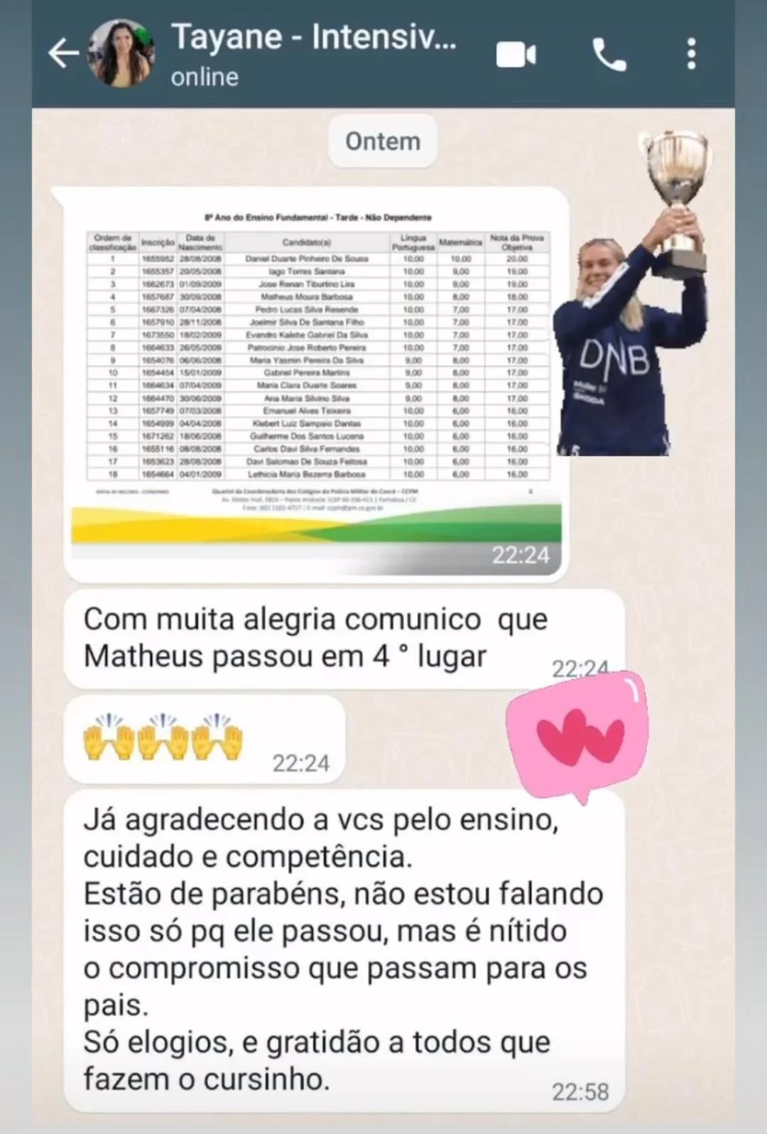 Depoimento da mãe do Matheus, 4º lugar no CPM