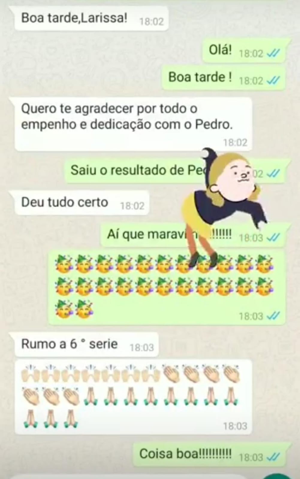Depoimento agradecendo a aprovação do Pedro