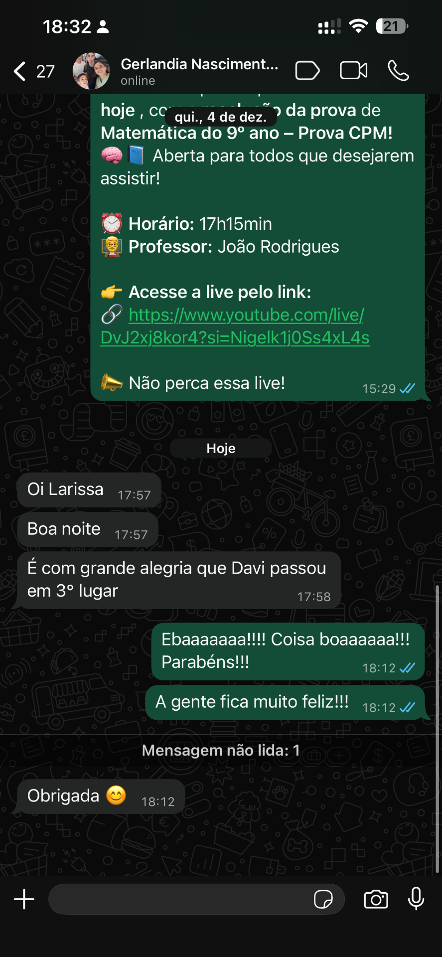 Depoimento da Gerlandia, mãe do Davi, aprovado em 3º lugar