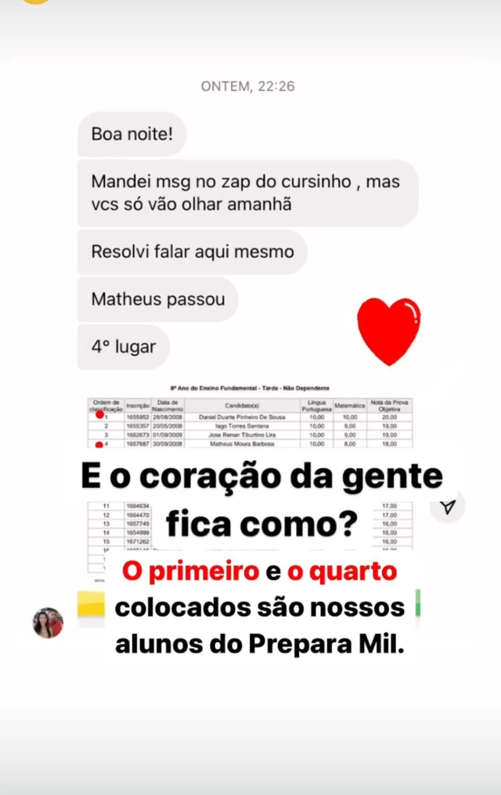 Print de aprovação do Matheus em 4º lugar no CPM