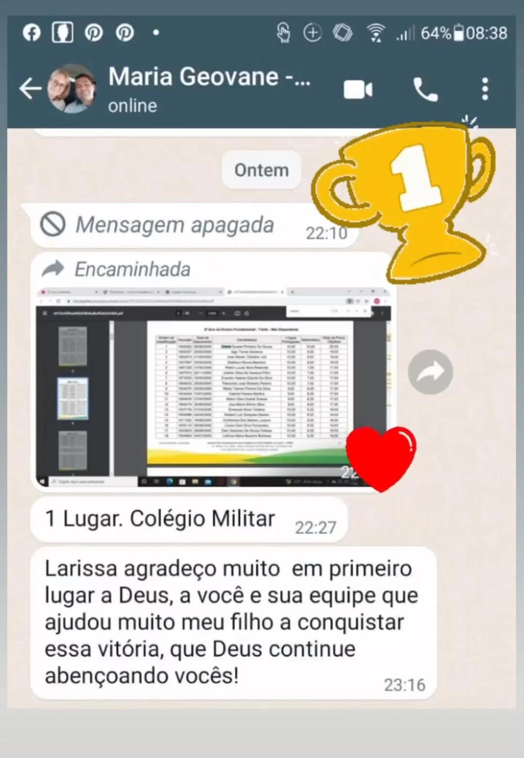 Depoimento da Maria Geovane, filho aprovado em 1º lugar no Colégio Militar
